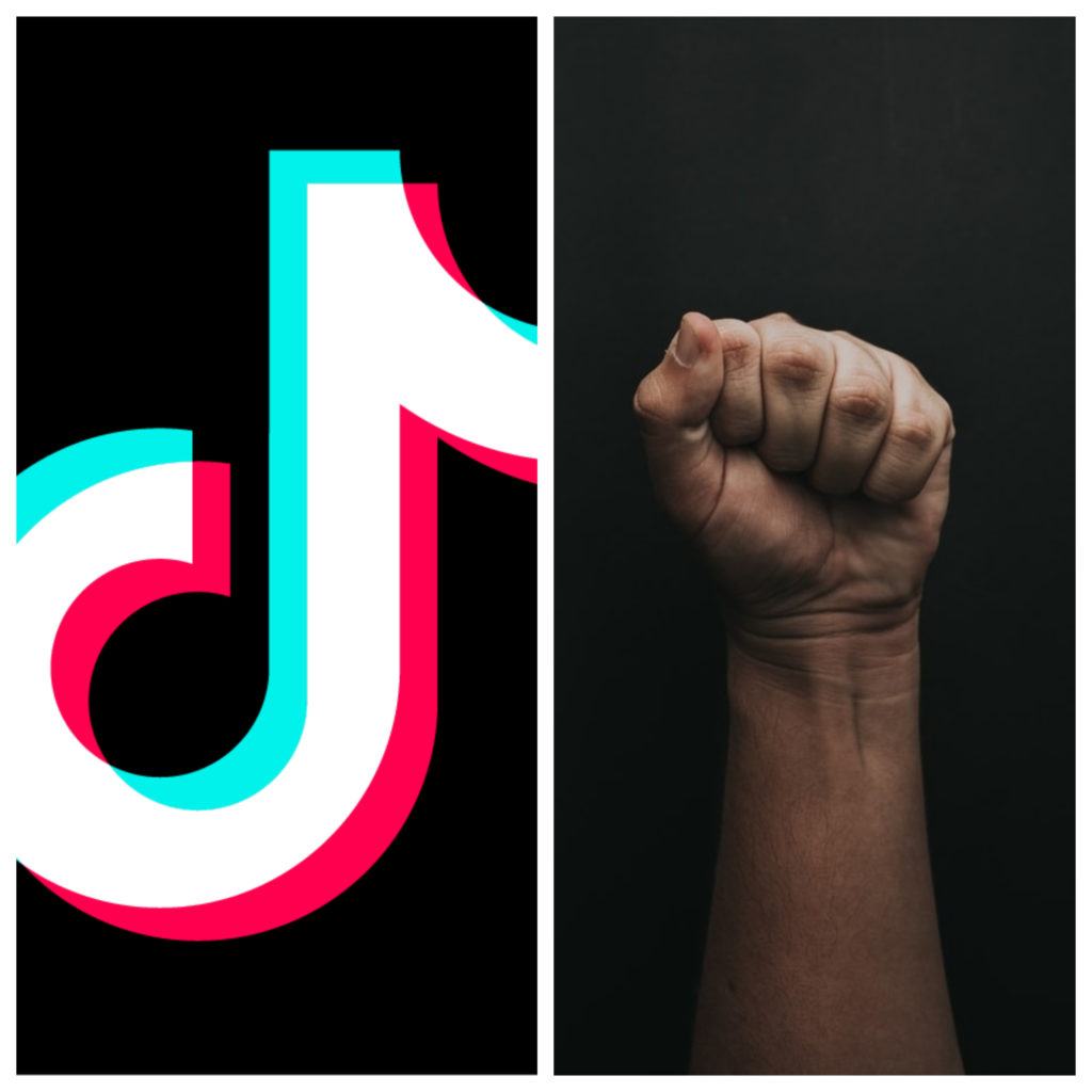 Photomontage du logo de TikTok (gauche) et un poing levé (droite)