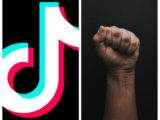 Photomontage du logo de TikTok (gauche) et un poing levé (droite)